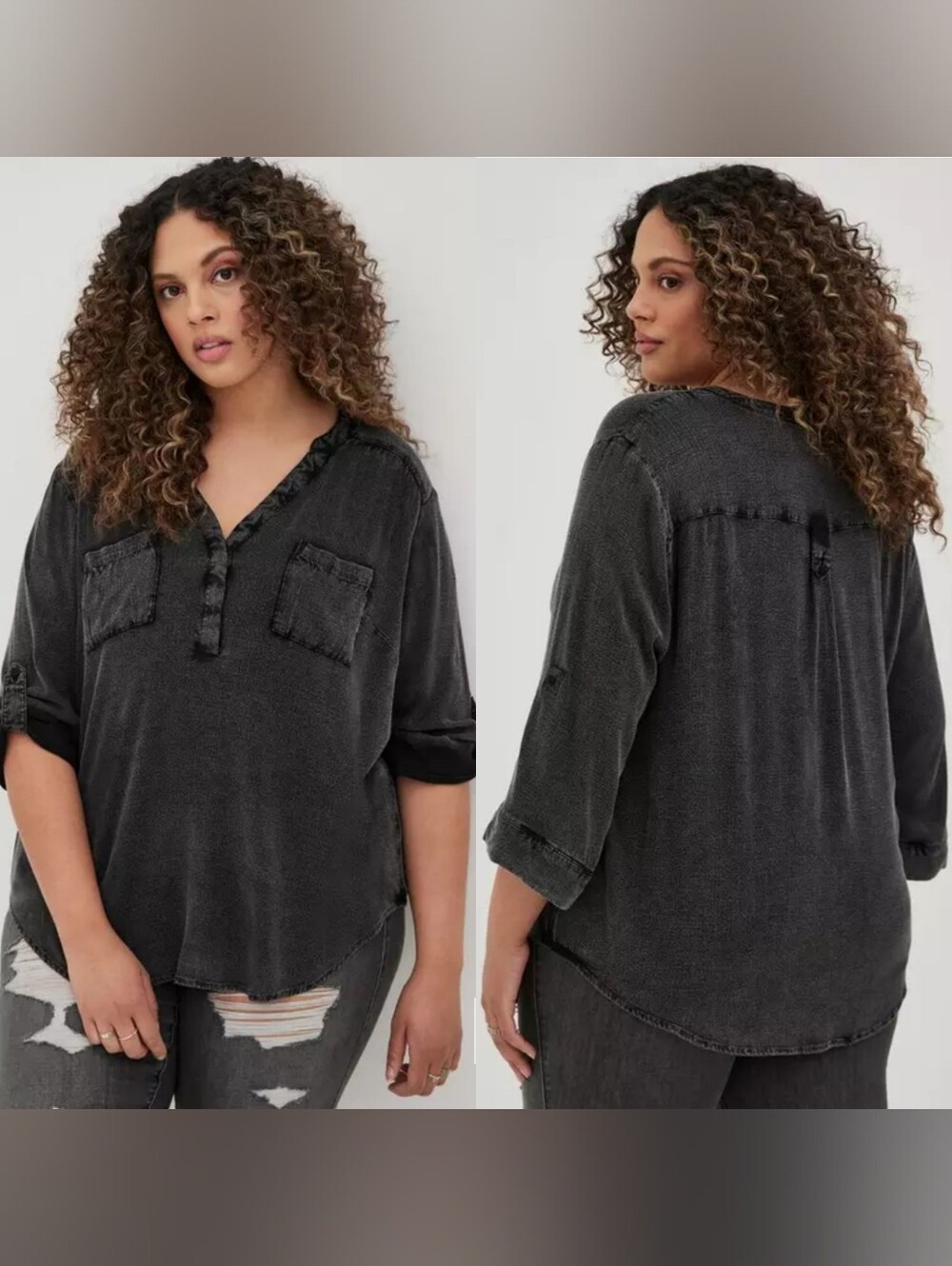 Torrid 2X Black Harper Rayon Slub Pullover 3/4 Sleeve Roll Tab Blouse Stretchy